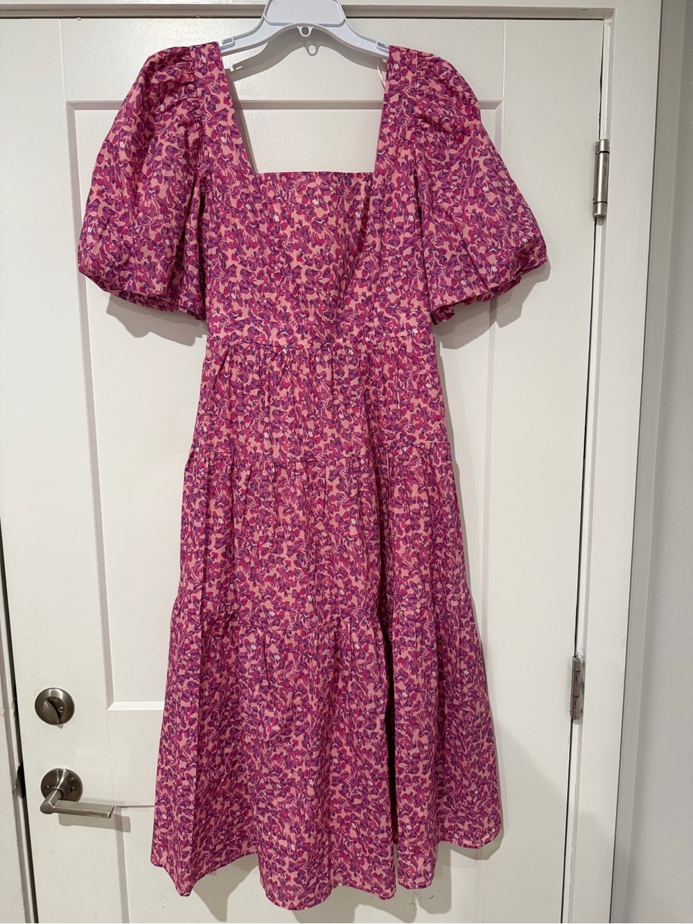 Pink Floral Puff-Sleeve Midi Dress -Size S